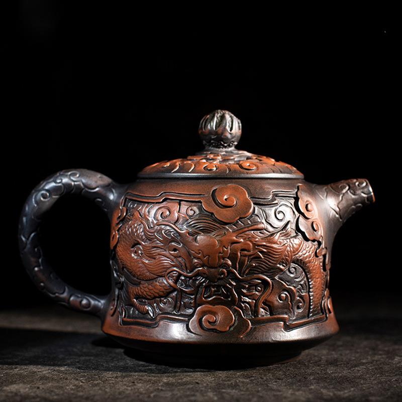 复古紫陶满雕龙壶复古泡茶壶家用陶瓷手工浮雕单壶大号西施壶云南