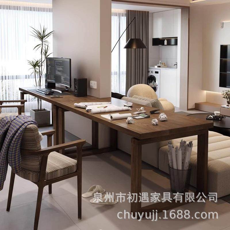 实木双人书桌简约电脑桌原木长条桌家用办公桌子工作台儿童学习桌