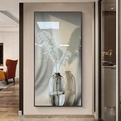现代轻奢入户门羽饰装画端大毛气走廊过DSZ道尽头挂画玄关竖版壁