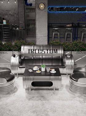 创意办油HTQ桶卡座沙发公室待接室酒吧服装店业风铁艺桌椅茶几工