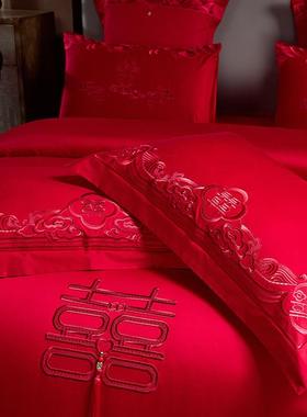 婚庆四件新婚棉100床单被纯套大红色PCV结婚房床品6十8件套套