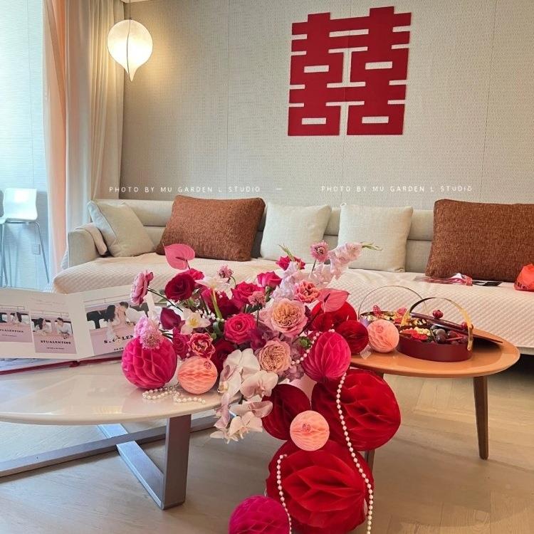 婚庆布置婚房花卧F97T88M5室新花房床头玫红色婚礼仿真摆艺件背景
