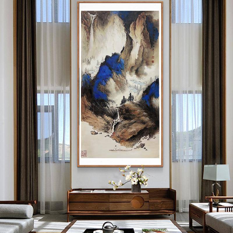 纯手绘油画新中式国画泼彩泼墨山水风景玄关客厅风水招财装饰挂画