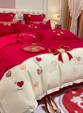 轻奢结婚四件套中式印花高级感红色被套喜庆新婚婚庆陪嫁床上用品