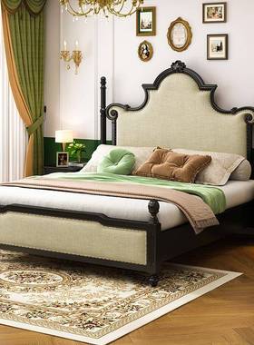 法式复古黑色实木床美式高柱雕花罗马柱主卧公主床轻奢大床软靠床