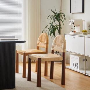 中古网红草绳餐椅北欧诧寂风实木休闲靠背椅家用日式简约复古椅子