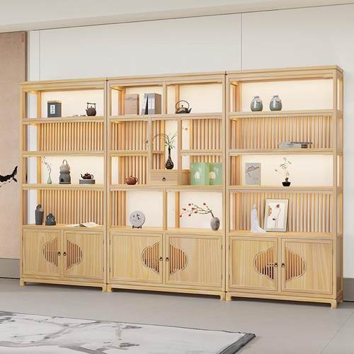 茶室博古架摆件茶壶架实木茶杯架博古柜客厅博物架中式置物架茶柜