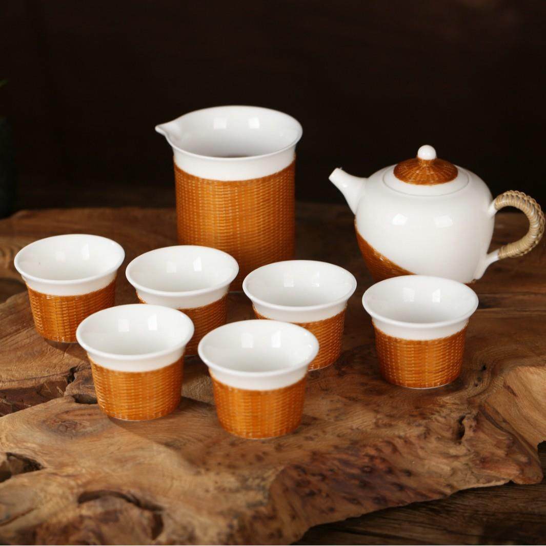 非遗竹丝扣瓷竹编白瓷壶款家用办公室茶杯茶壶茶具组合套装送礼