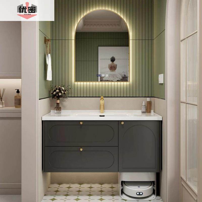 优密法式复古浴室柜组合扫地机器人一体陶瓷盆橡木洗手脸柜洗漱台