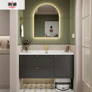 优密法式复古浴室柜组合扫地机器人一体陶瓷盆橡木洗手脸柜洗漱台