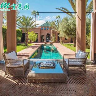 户外休闲美式沙发民宿藤艺室外露天庭院藤编家具露台花园竹藤沙发