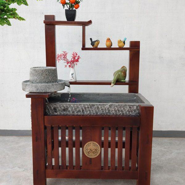 青石槽鱼缸室内流水景观客厅阳台木架石头养鱼池中式石磨装饰摆件