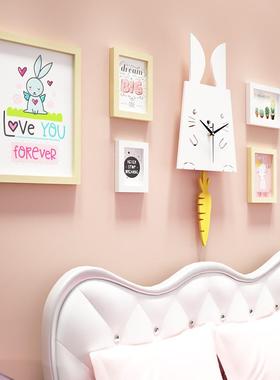 实木_7271卡通粉照片墙可爱儿童组合相框小白兔摇摆钟表可换相片