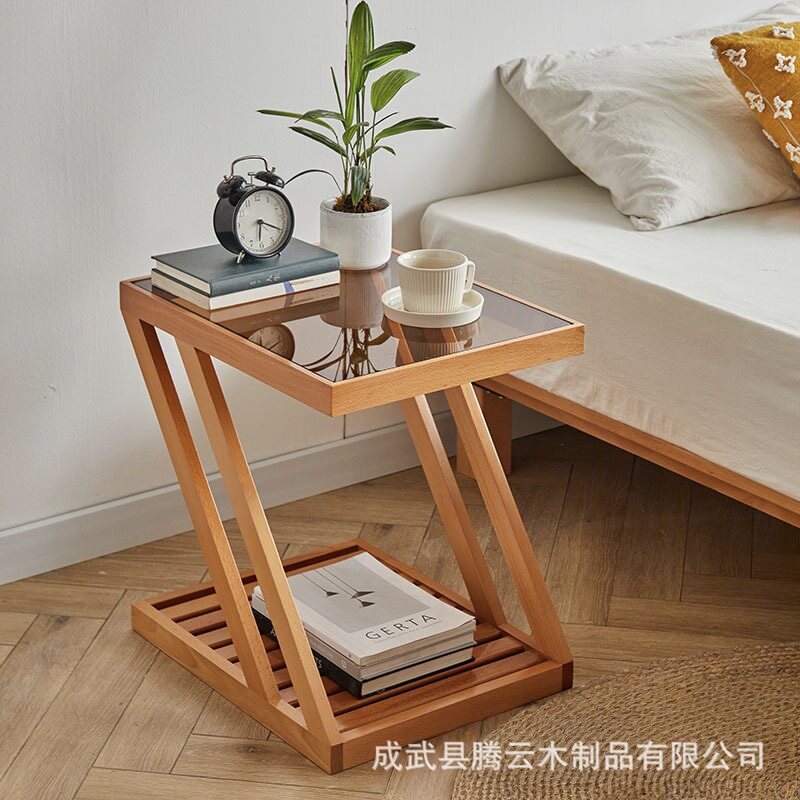 木质极窄z形沙发边几卧室床头钢化玻璃边桌现代简约客厅沙发边几