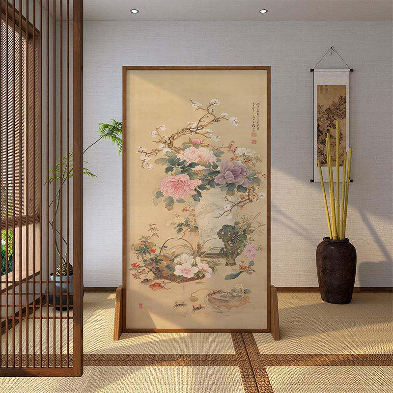 宋氏美学古典牡丹隔断屏风客厅穿堂煞遮挡入户进门玄关茶室隔挡墙