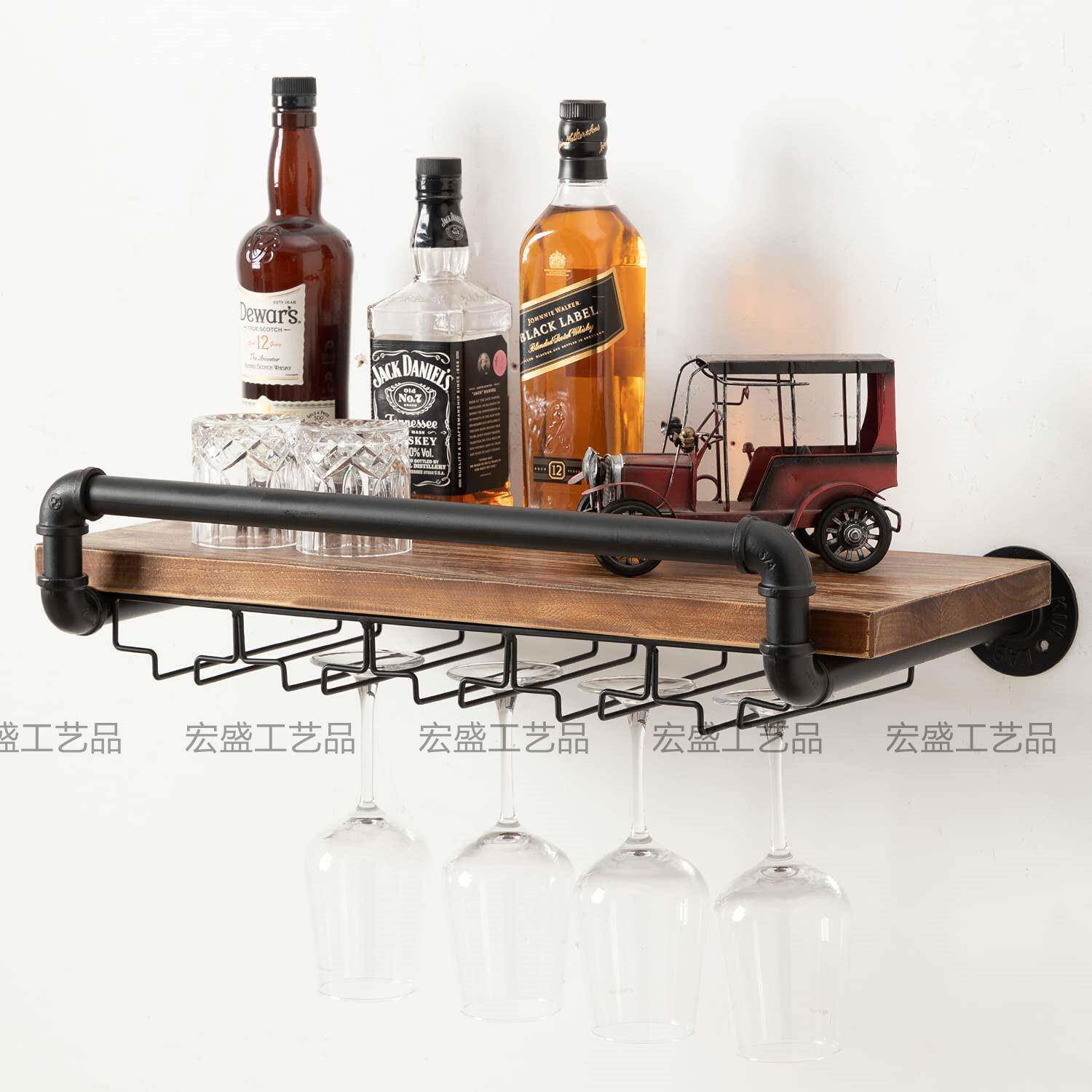 美式家居复古轻奢一字隔板实木置物红酒杯倒挂收纳架