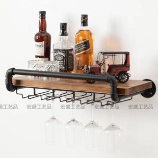 美式家居复古轻奢一字隔板实木置物红酒杯倒挂收纳架