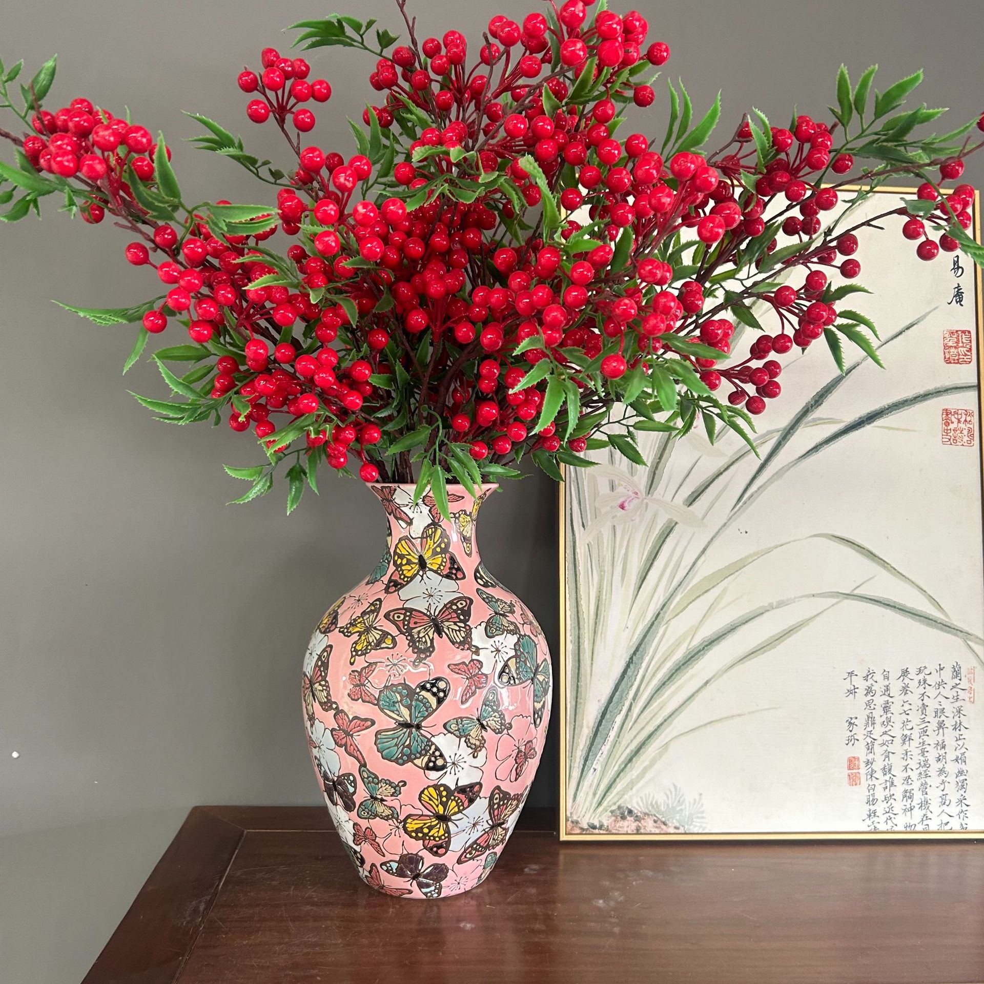 欧式花瓶粉色陶瓷插花瓶彩色蝴蝶瓶子家居玄关客厅民宿博古架摆件