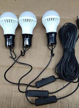 USB灯泡一拖三LED灯泡5M线长带挂钩开关5V输入户外电源专用照明
