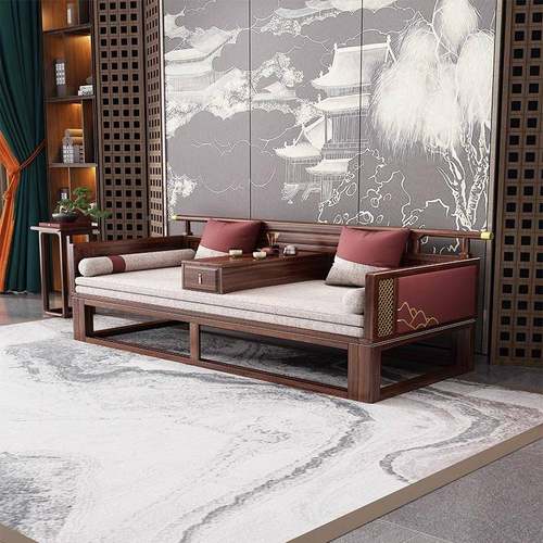 新中实木罗汉床乌金小木古沙发榻炕几组合wj-5017户型榻榻米仿式