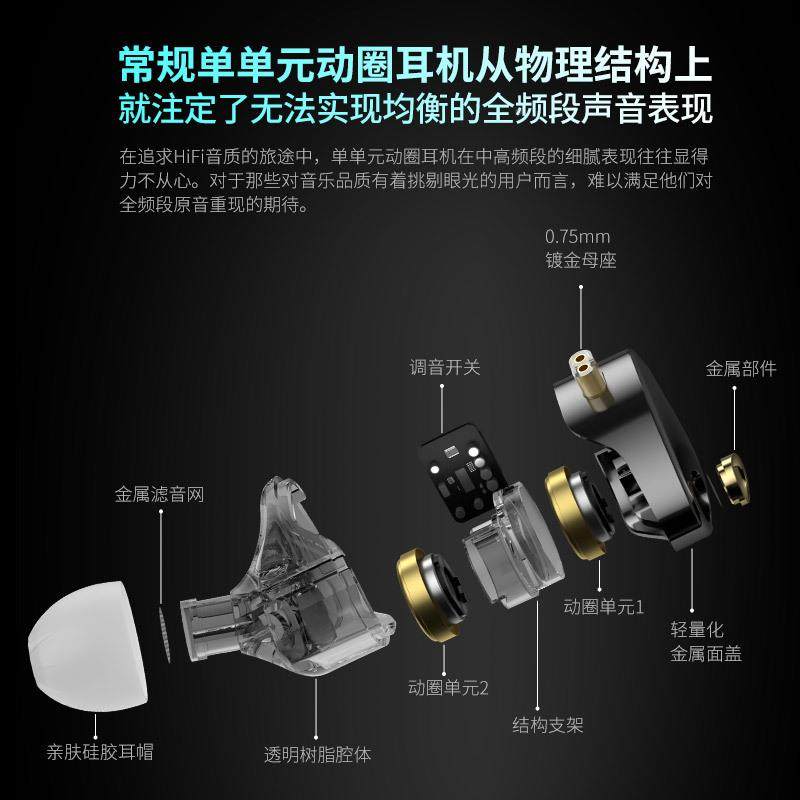 种KZCastorPRO双单元10mmE610+10mm动圈驱HIFI耳机可调音两版动本