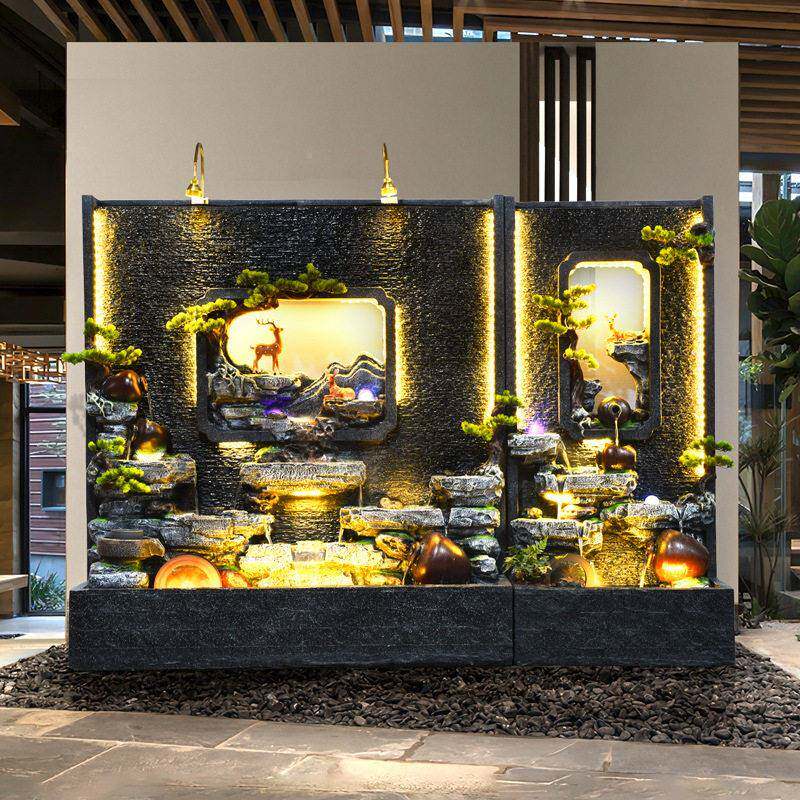水幕墙流水屏风落客厅假财山喷泉酒店2188庭院观招公室地装饰景摆