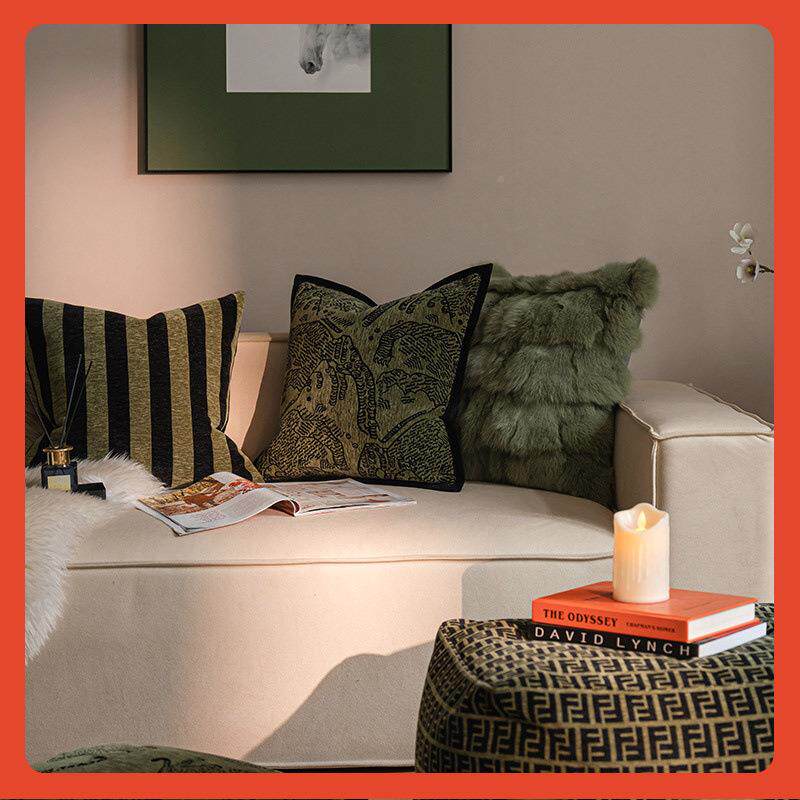 △复古绿法式轻奢虎纹客厅沙发F$ph($px抱枕样山板间靠条纹雪尔尼