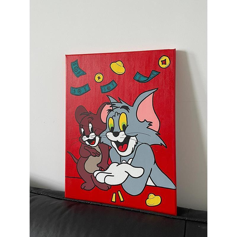 猫物老鼠卡通油和画人儿童美房装饰画式复古客厅餐厅UDP卧室床头