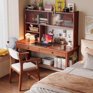 实写木书桌书架一体室电脑桌卧学生家用字桌带洞板客厅洞作业桌子