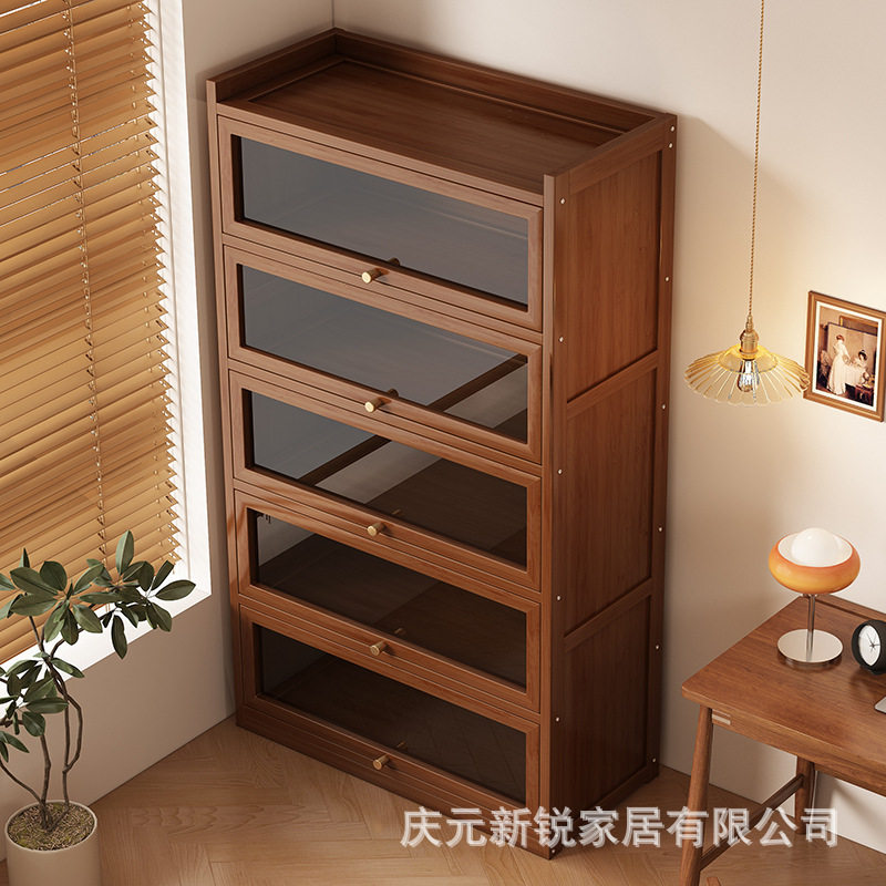 楠竹书架落地家用客厅防尘展示柜置物架子收纳储物柜书柜一体靠墙