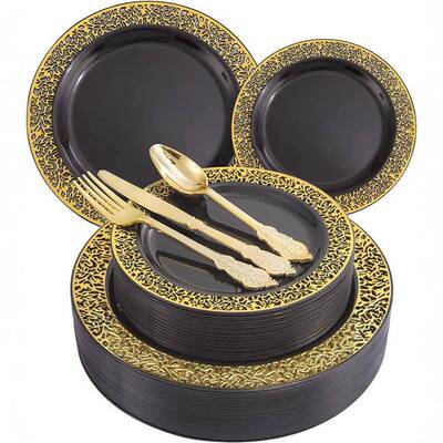 现货150PCS黑色镂空盘烫金套装25人份7.5寸甜点盘10.25寸盘