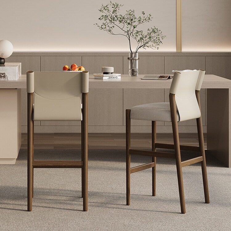 家用高脚椅马鞍皮中古风实木吧台椅吧椅岛台椅靠背椅子酒吧w&