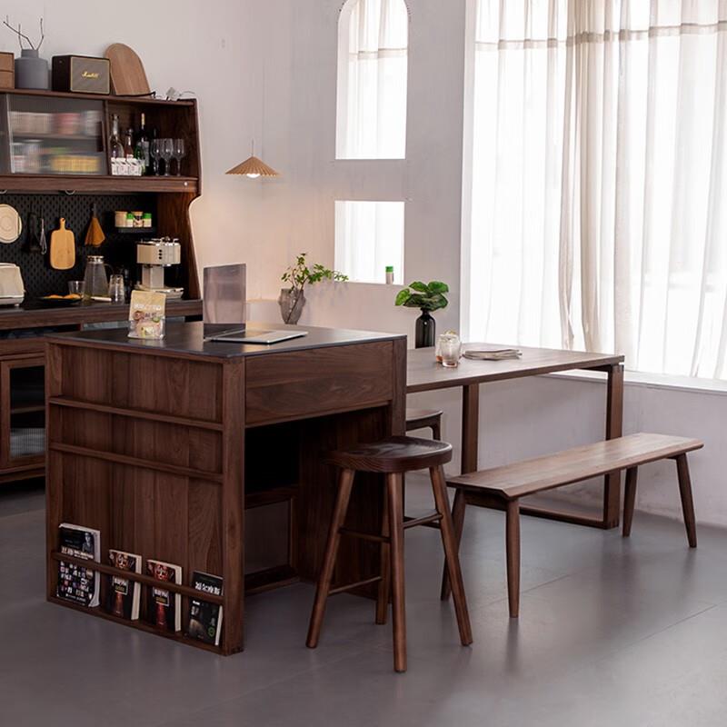 实木岛餐台餐一体可伸缩北美黑胡桃岩板吧台RYM小户型桌储餐厅物