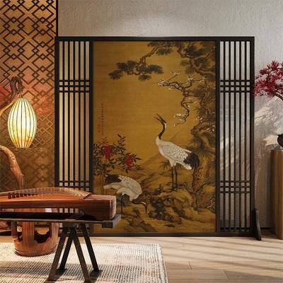 宋厅氏美学复古仙鹤图挡实木屏风53781隔断办公室遮可移动客关隔