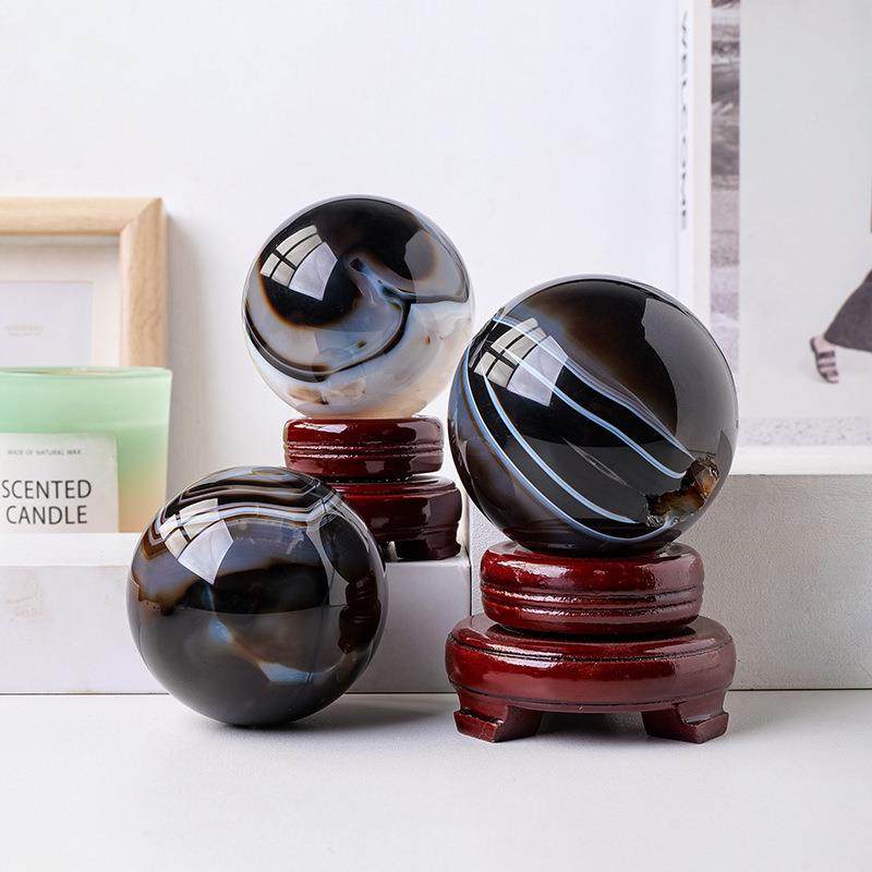 天然黑白居条纹瑙玛瑙水晶球玛原石磨能量石球家BYG桌面打风水摆