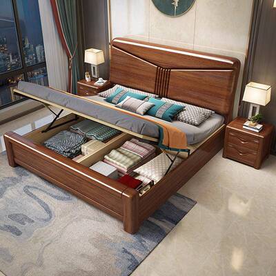 中式纯实木床胡床桃木实木1.5家双人66101床厂直销储物中式新中式