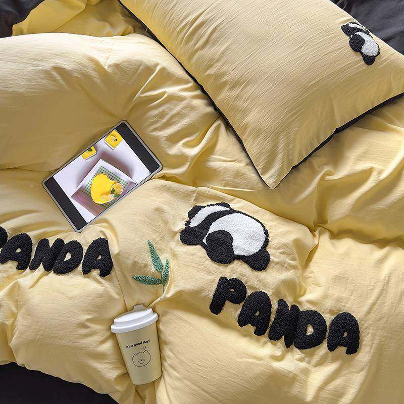 卡通熊猫0水洗UFU棉四件225春季毛巾绣被套南单通床上三件套套床