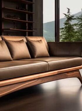 新中实VTK式客厅木沙发胡桃木简轻奢用直排罗汉约床沙发