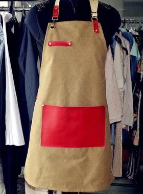 定制真8.14大口袋水洗帆布围裙牛仔工作围o裙皮织带定制lgo