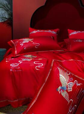 新凤品纯棉绣花四件套大红新中式结婚套全棉刺2010000婚绣庆龙件