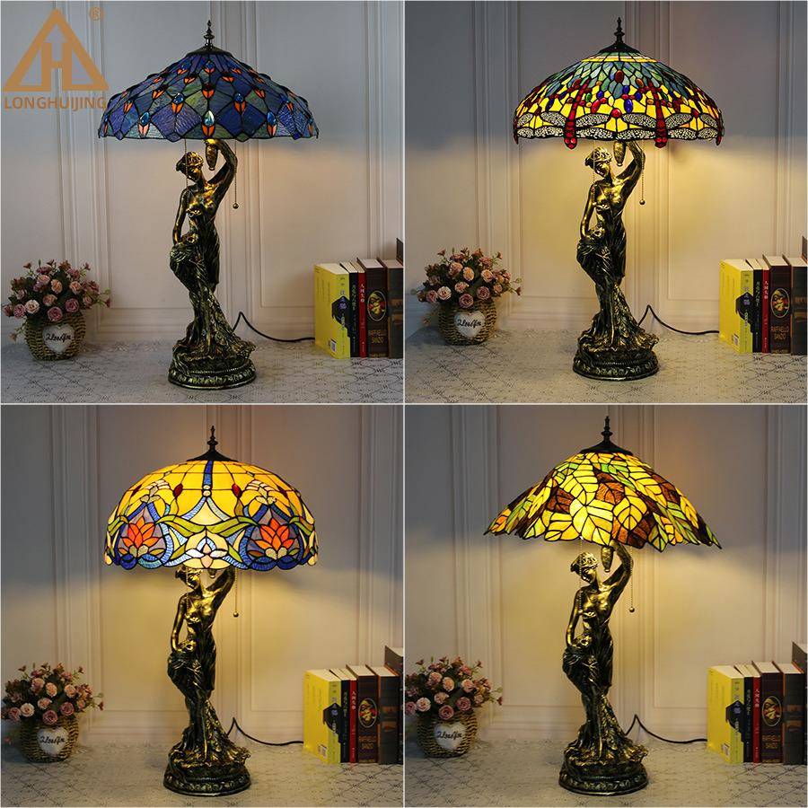 汇璟蒂凡尼灯饰复古玻底璃书树房475护眼灯孔雀美女脂座寸16台灯
