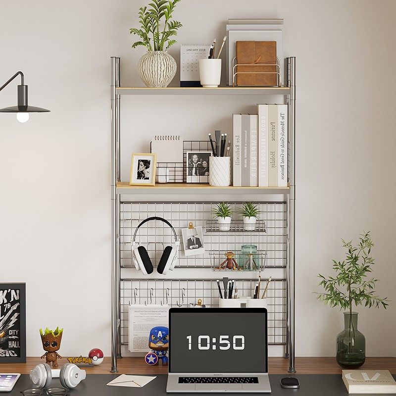 带网格书架桌面置物架书桌收纳不锈钢多层架子学生电脑桌上洞洞板