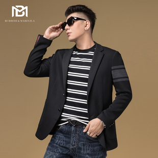 BM轻奢男装高级感条纹黑色休闲西装外套男婚礼伴郎正装男士西服秋