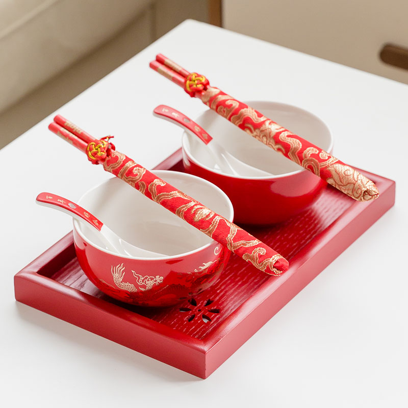 结婚敬茶杯红色盖碗喜碗喜杯对杯碗筷托盘婚庆改口茶杯礼盒套装