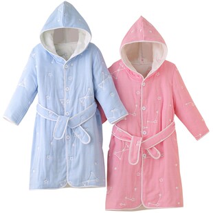 加厚冬款纯棉纱布儿童浴袍男孩女孩小学生游泳洗澡吸水毛巾料浴衣
