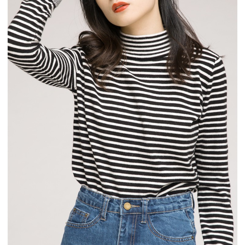 半高领毛衣女2021秋冬新款修身打底衫洋气内搭黑白条纹上衣针织衫