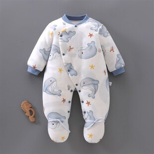 新生婴儿儿衣服夹棉连脚满月宝宝薄棉连体衣秋冬外出棉服包脚120g