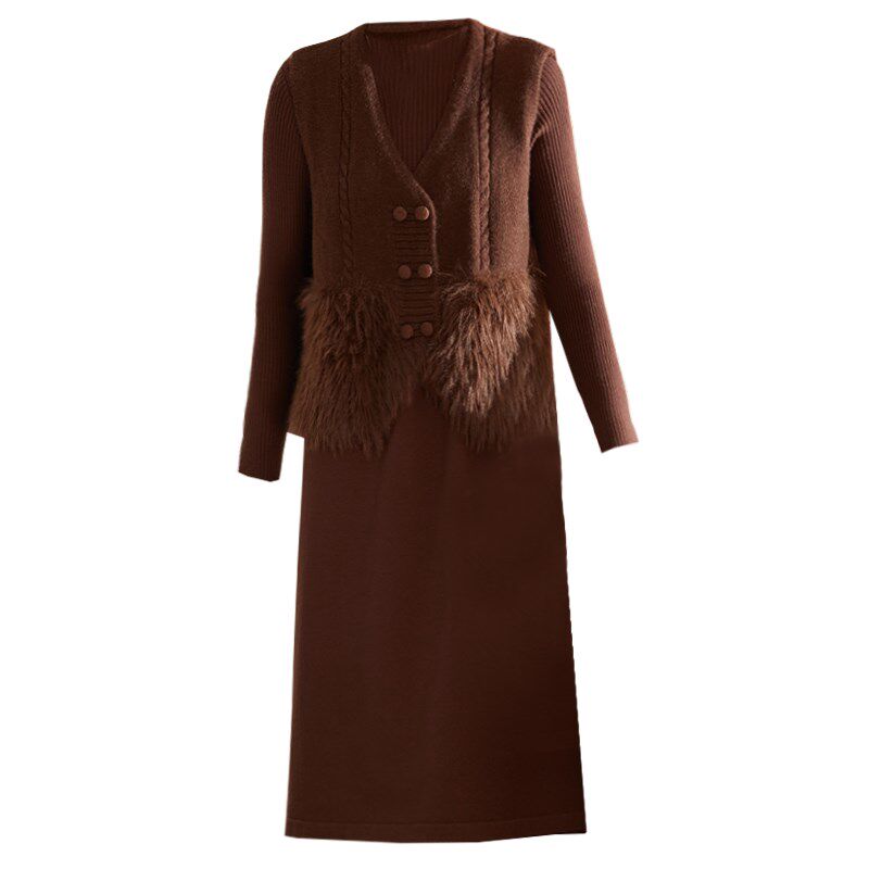 喜卉妈妈冬装新款连衣裙两件套中老年女装秋冬针织打底裙套装裙子