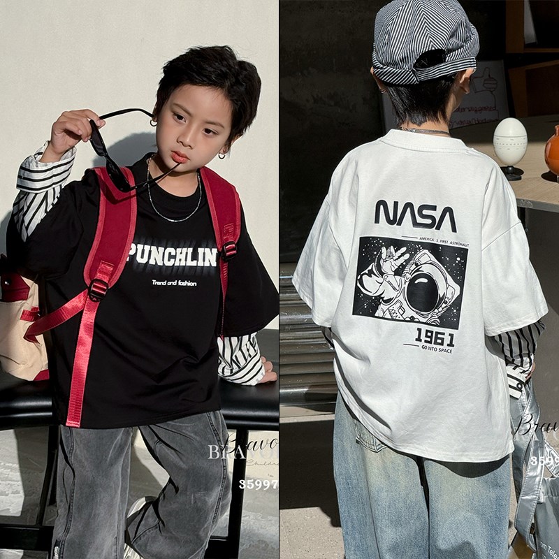 布芮欧童装2024春季新款男女童假两件卫衣中大童上衣长袖T恤35997