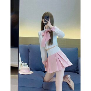 甜美奶乖套装小个子秋装2024年新款女修身学院风a字百褶裙两件套